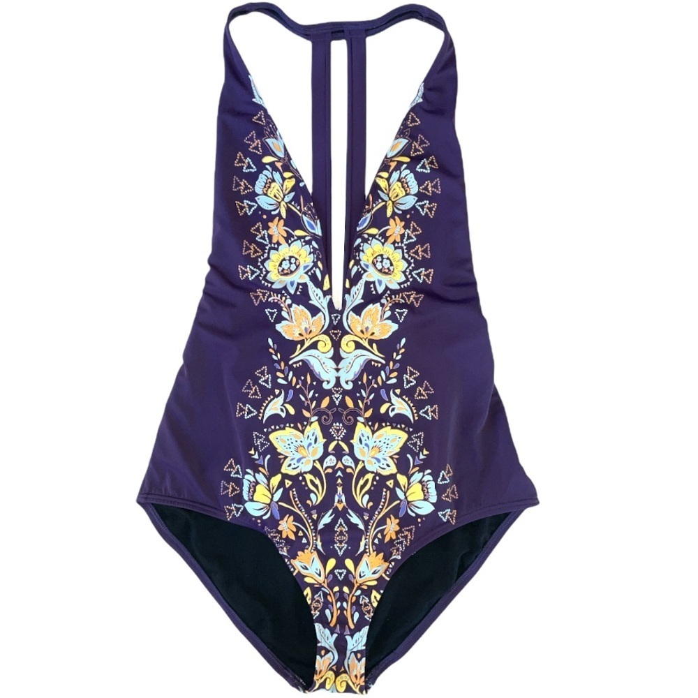 UO Purple Deep Plunge One Piece Floral Swimsuit L